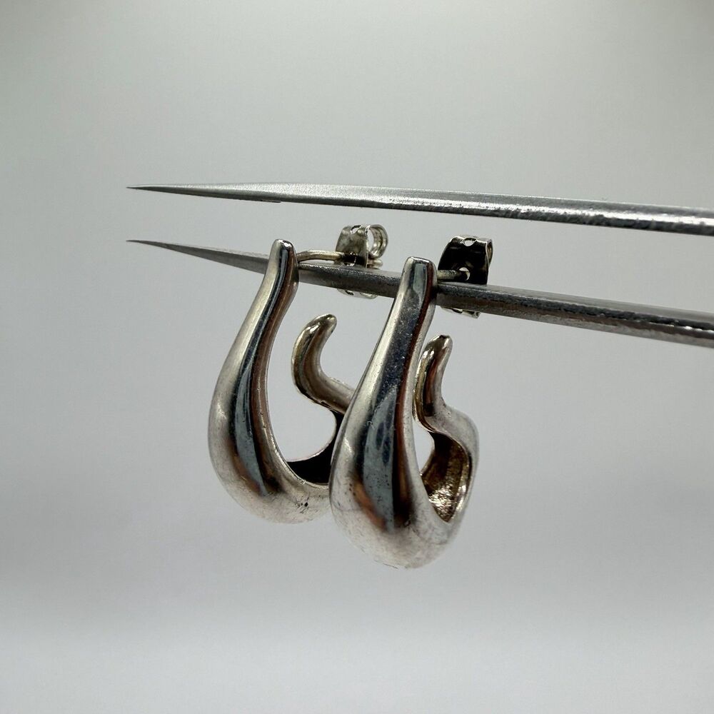 925 Sterling Silver Sculptural Open Hoop Earrings Modernist Chunky Estate